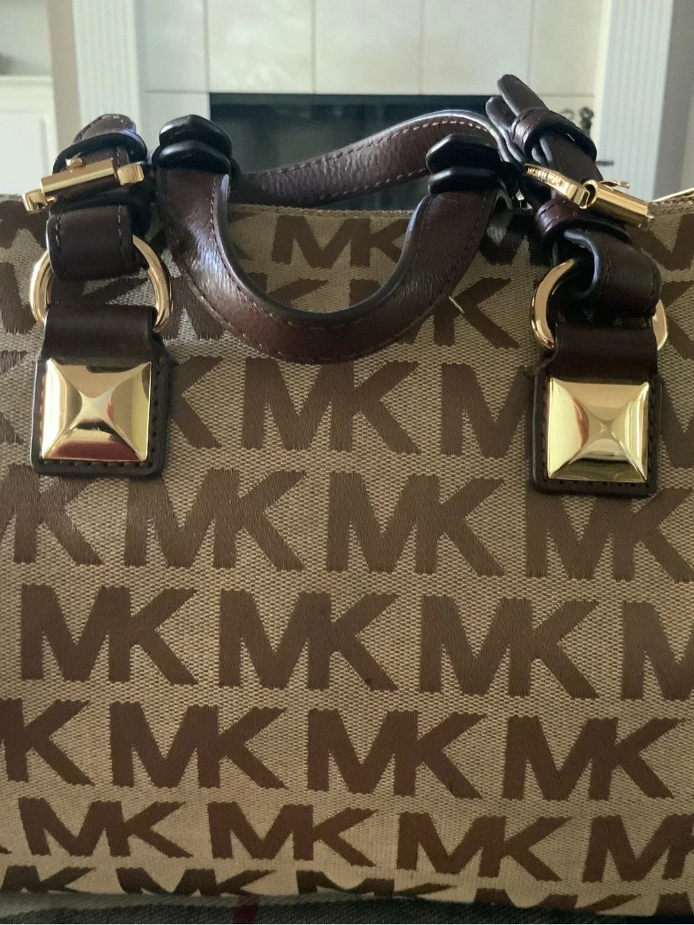 Michael Kors Brown Logo Canvas Duffel with Gold Hardware